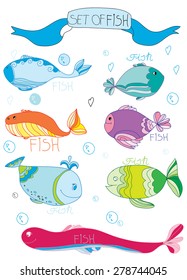 bright background with set colorful fish