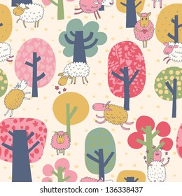 Bright background with sheep and trees. Cartoon summer wallpaper.Seamless pattern can be used for wallpapers, pattern fills, web page backgrounds, surface textures.