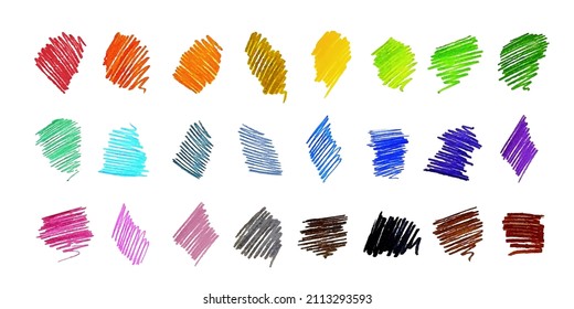 Bright background signs, traces made with felt tip pens of various colours. Abstract indication, pen test attempt, sample doodles, grungy hatches isolated on white background