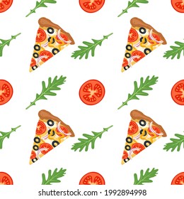 Heller Hintergrund mit Scheiben aus Pizza, Arugula und Tomaten. Fast Food Druck mit Gemüse und Käse. Design für Textilien, Papier, Café und Restaurant