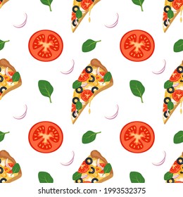 Bright background with slices of pizza, arugula, tomatoes and onions. Fast food print with vegetables and cheese. Design for textile, paper, cafe and restaurant