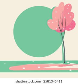Bright background with spring blooming tree. Vector template for design. You can place the necessary information on the empty circle.
