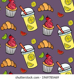 Bright background in the style of doodle on a background of color eggplant. Lemonade, cake, lemons, croissant. Yellow, orange, pink. Can be used in web design, printing, printing on fabric.