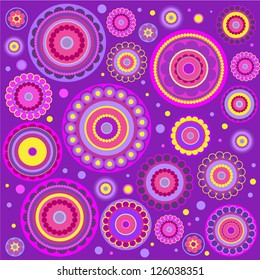 Bright background of stylized flowers and circles in violet, purple and yellow.
