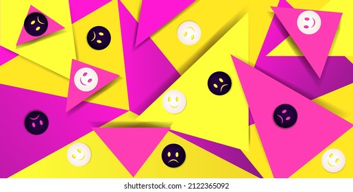 Bright background with triangles and smiley faces - sad and happy. Pink and yellow stylized for the 80's, 90's