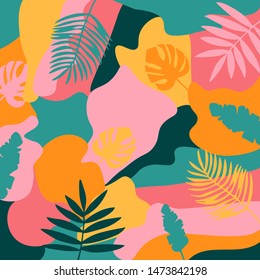 Bright background with tropical leaves. Exotic leaves, flowers, plants and branches art print. Botanical pattern, wallpaper, fabric vector illustration design