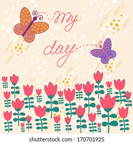 bright background in vector. tulips and butterflies in retro style