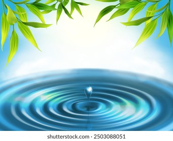 Bright background with water and leaves. Vector illustration.