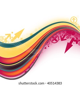 bright background with wavy yellows, red and black lines, arrows and crosses