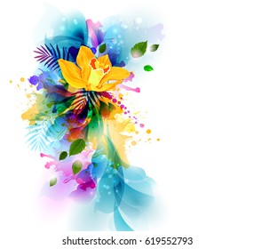 Bright background with yellow orchid flowers on the artistic abstract blots.