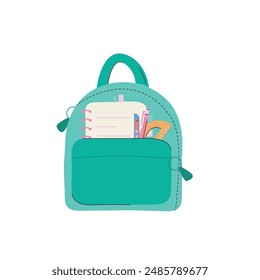 Bright Backpack with school supplies, stationery and items. Back to school concept for web and promotional materials. Sale leaflet, advertising. Vector illustration isolated on white background.