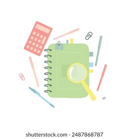 Bright Backpack with school supplies, stationery and items. Back to school concept for web and promotional materials. Sale leaflet, advertising. Vector illustration isolated on white background.