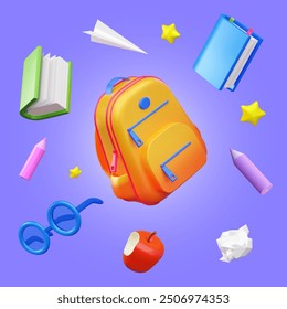 A bright backpack is surrounded by items like books, pencils, glasses, an apple, and paper planes on a vibrant purple background,3d vector illustration