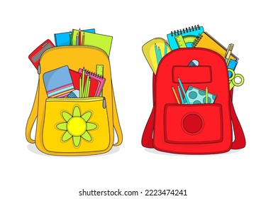 Bright backpacks full of different school stationery on white background. Illustration