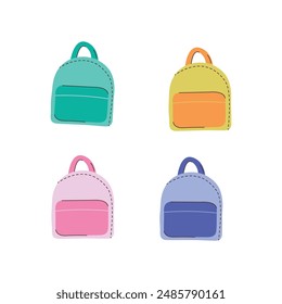 Bright Backpacks with school supplies, stationery and items. Back to school concept for web and promotional materials. Sale leaflet, advertising. Vector illustration isolated on white background.