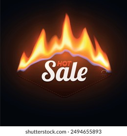 Bright badge highlighting a hot sale with fiery elements on a black backdrop, designed to attract attention for promotions and discounts.