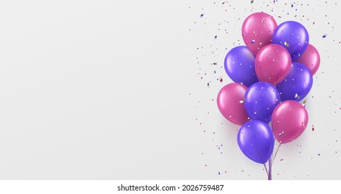 Bright balloons and confetti background realistic vector illustration. Multicolored festive aero design decoration with flight toy ball isolated on white. Holiday celebration card or backdrop template