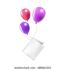 Bright balloons tied to paper note isolated illustration