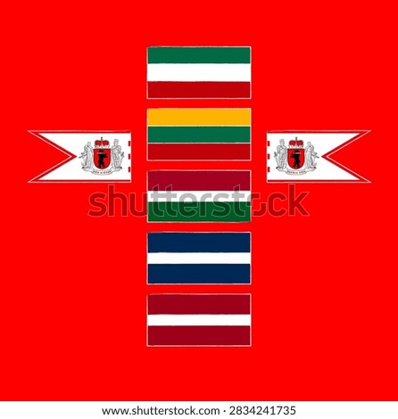 Bright Baltic Peoples Flag Set featuring a collection of stylized vector flag illustrations representing Baltic cultural identity, heritage and historical traditions. The vivid decorative vector graphics are suitable for educational materials, cultural publications, historical presentations, geography projects, editorial design, websites, infographics, posters and other visual communication applications.