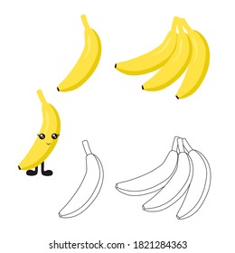 Bright banana with cute cartoon eyes and legs in a flat style isolated on a white background. Citrus vegetarianism and nutrition. Stock vector illustration for decoration and design.	