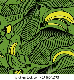 Helle Bananenvektor nahtlos Muster.Übersicht der Blätter mit gelben Bananen auf grünem Hintergrund. Tropische Früchte. Zum Bedrucken auf Papier, Kinderbekleidung, Textilien.