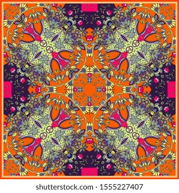 Bright bandana print. Square kerchief design with decorative ornament. Scarf, rug, carpet, pillowcase. 