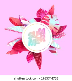Bright banner with 3D colorful tropical leaves. Summer floral design