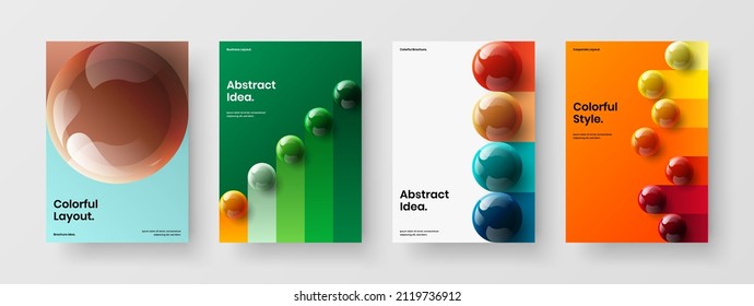 Bright banner A4 vector design layout collection. Amazing 3D balls pamphlet template composition.