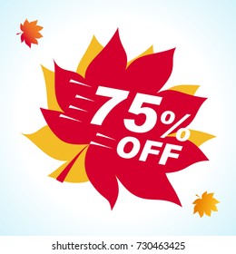 Bright banner for autumn sale. Discount 75% off on background red leaf. Sale Red Tag Isolated Vector Illustration. Discount Offer Price Label.