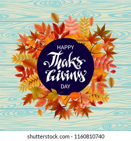 Bright banner for autumn sale in frame from leaves on a wooden background. Vector illustration.