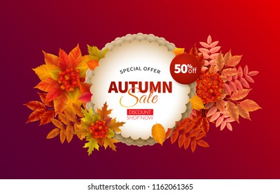 Bright banner for autumn sale in frame from leaves. Vector illustration.