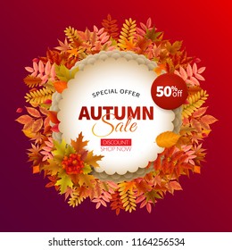 Bright banner for autumn sale in frame from leaves. Vector illustration.