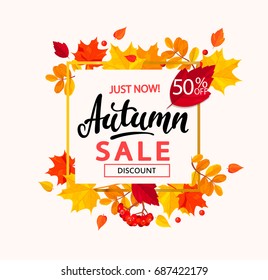 Bright banner for autumn sale in frame from leaves. Vector illustration.