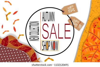 Bright banner for autumn sale with autumn leaves on geometric background.