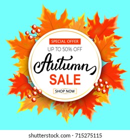 Bright banner for autumn sale with  autumn leaves on blue background. Hand lettering.Vector illustration.