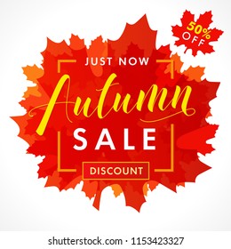 Bright banner for autumn sale with text 50% off just now in frame from red maple leaves. Fall sale background, special offer for promotion poster or flyer design. Vector illustration