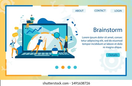 Bright Banner Brainstorm Lettering Cartoon Flat. Flyer Developing an Action Plan that Includes Goals and Objectives. Poster Team Work on Background Large Laptop. Vector Illustration.