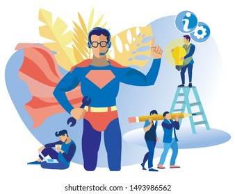 Bright Banner Business Call Center Idea Flat. Call Center Operator is Able to Perform their Duties more Effectively. Group Men Working on Ideas. Operator is Dressed in Costume Hero Super. 