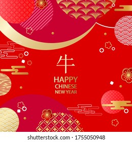 Bright banner with Chinese elements for 2021 New Year. Patterns in a modern style, geometric decorative ornaments. Vector illustration. Hieroglyph bull