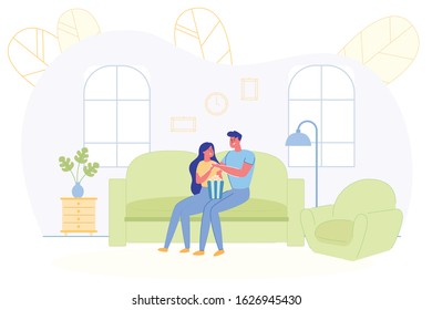 Bright Banner Couple Resting at in Home Movie. Guy and Girl Spend Weekend Together, they Sit on Couch, Fun Talking and Eat Popcorn. Near Sofa Floor Lamp and Nightstand, behind them Large Windows.