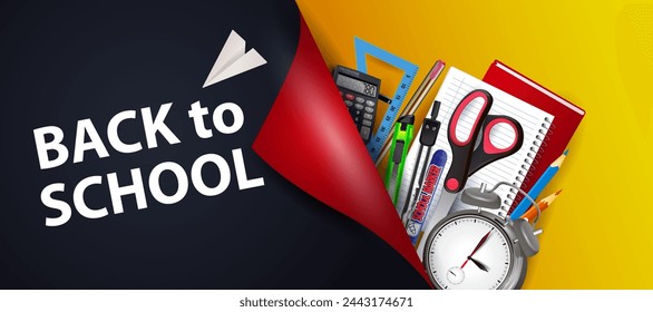 A bright banner with a curved edge.The words from the title Back to school with realistic school subjects: pencils, paper airplane, scissors, alarm clock on a vector illustration background