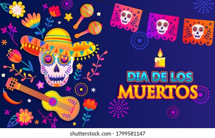 Pancarta brillante para el Día de los Muertos, mexicana Dia de los muertos, afiche con flores de colores, banderas, cráneo con sombrero, guitarra, maracas y lugar de texto.Volante de fiesta, tarjeta de saludo o invitación.Vector