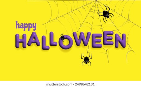 Bright banner design for Halloween. 3D text Happy Halloween in purple color on a bright yellow background. Cobweb and spiders on it. There is space for advertising text