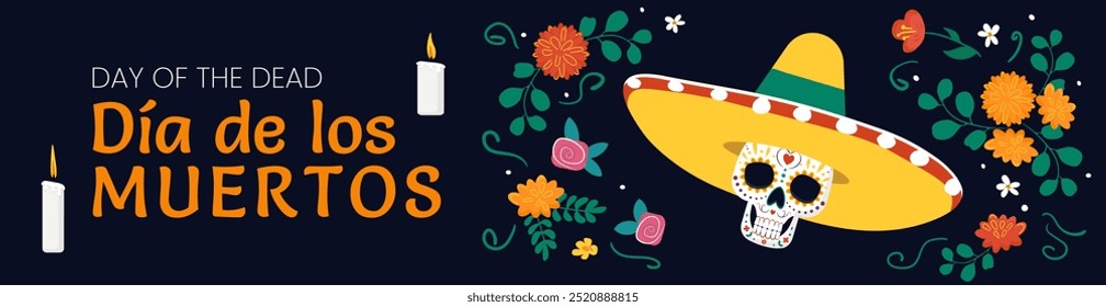 Banner brilhante para Dia de los Muertos comemoração com crânio, sombreros, flores e velas que encapsulam tradições e espírito alegre do feriado mexicano. Ilustração vetorial para o cabeçalho do site.