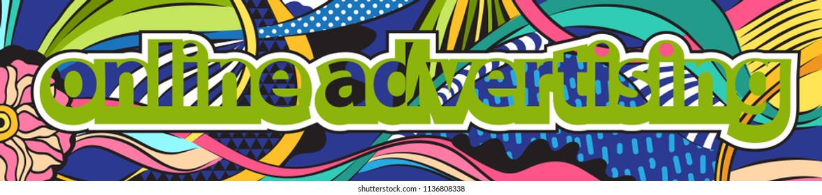 Bright banner with different elements and patterns for online advertising. Vector illustration