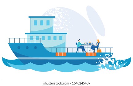 Bright Banner Dinner on Deck Ship Cartoon Flat. Romantic Vacation and Entertainment in Summer Season at Sea. Guy and Girl have Lunch on Holly. Large Cruise Ship. Vector Illustration.