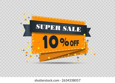 Bright banner with discount and super sale with festive orange ribbon and colorful confetti.