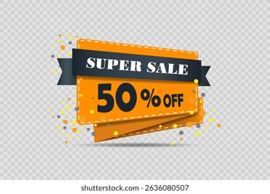 Bright banner with discount and super sale with festive orange ribbon and colorful confetti.