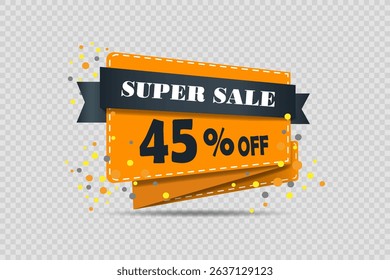 Bright banner with discount and super sale with festive orange ribbon and colorful confetti.
