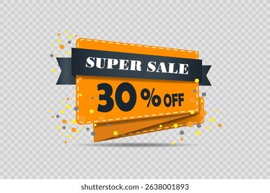 Bright banner with discount and super sale with festive orange ribbon and colorful confetti.